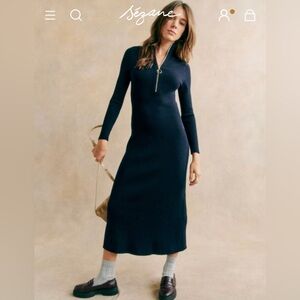 Sézane Navy Ribbed Zip-Front Maxi Dress